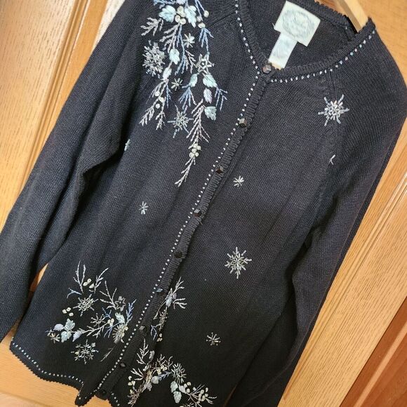 Stitches In Time Black Sweater Cardigan Size L Beading & Embroidered Cottagecore - Picture 2 of 16